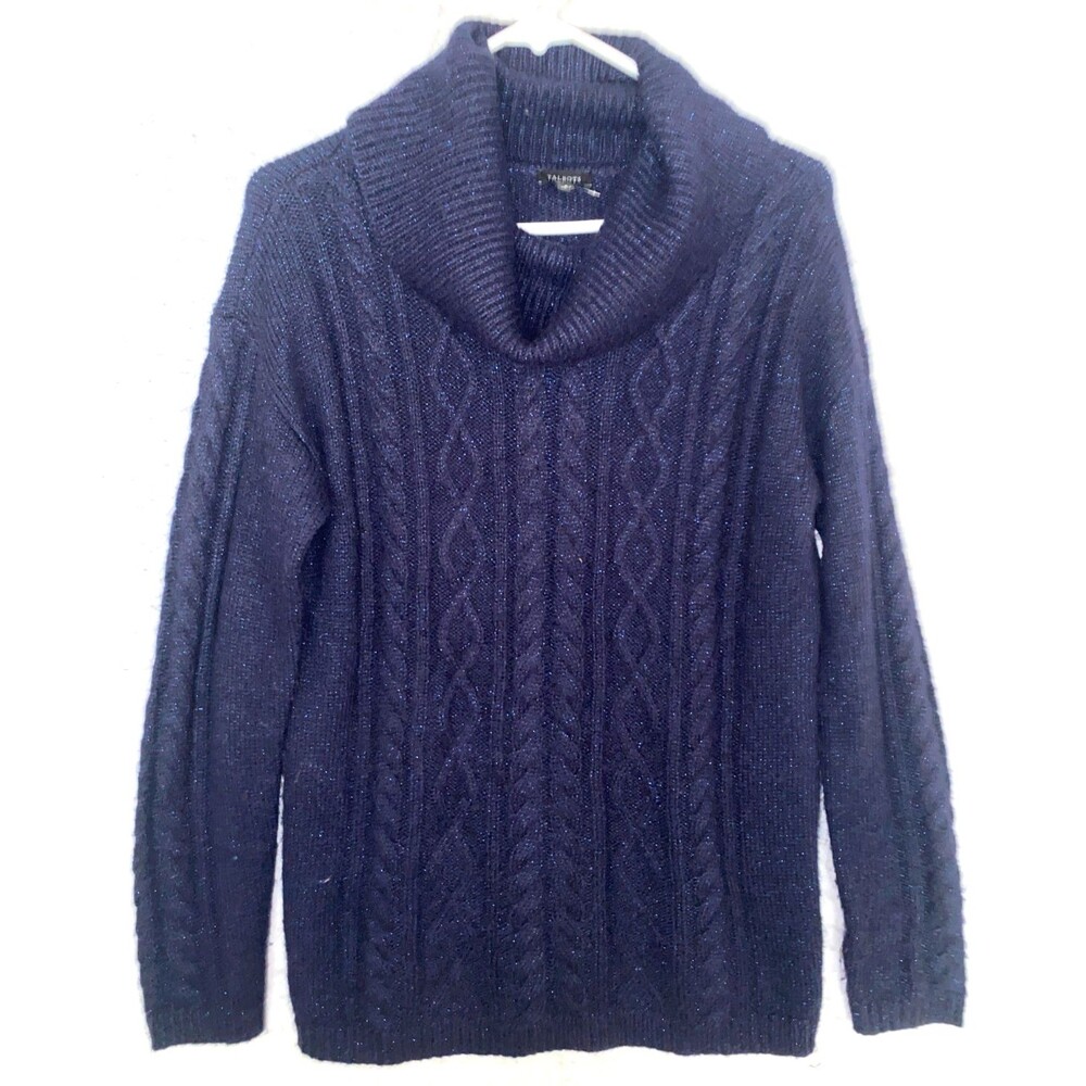 Talbots Navy Blue Cowl Turtle Neck Cable Knit Sweater Jumper Women's Sz S Bling